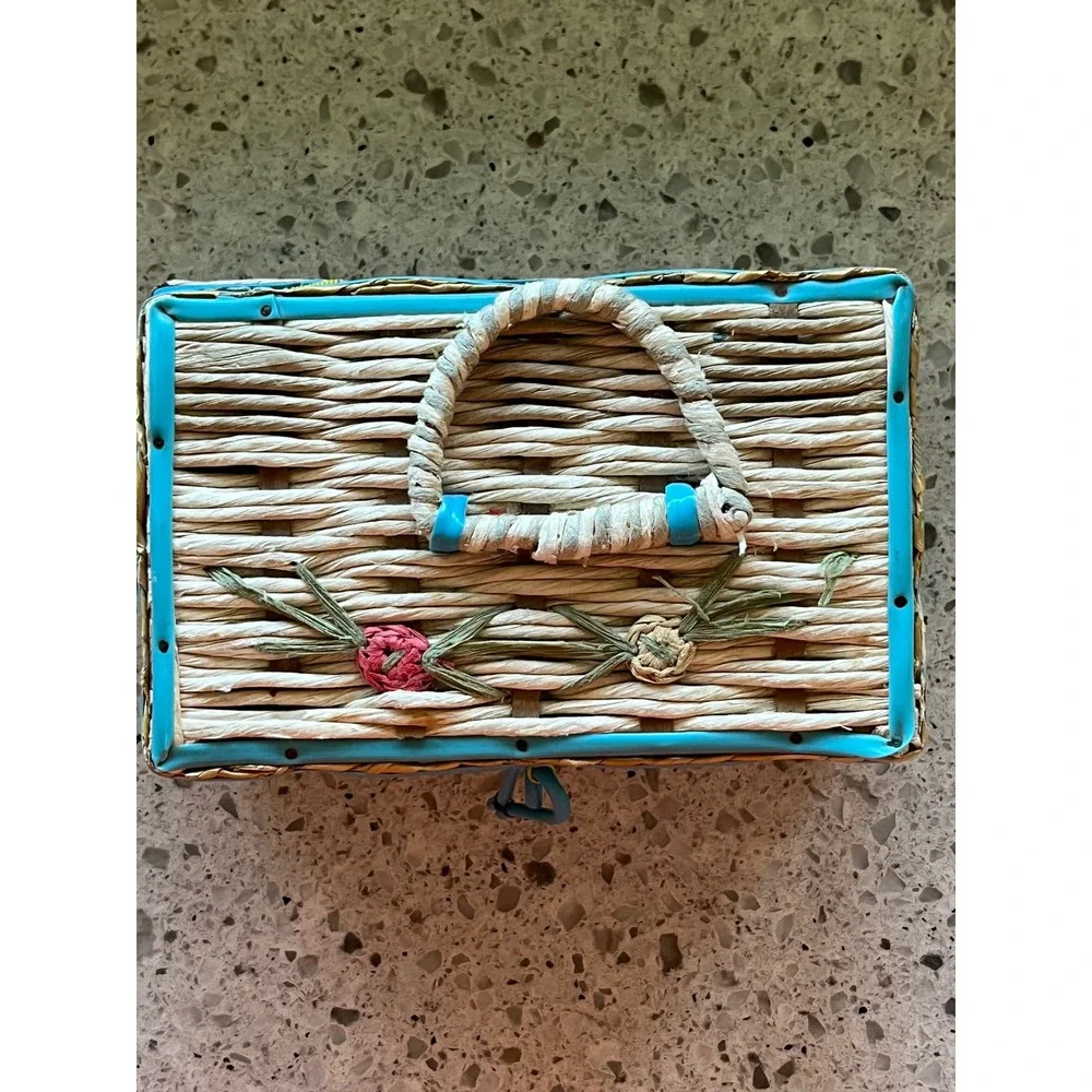Vintage Wicker Sewing Basket Japan Turquoise Trim Raffia Floral Notions Box